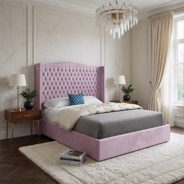 Casani Rowledge King Size Upholstered Velvet Bed Frame in Pink