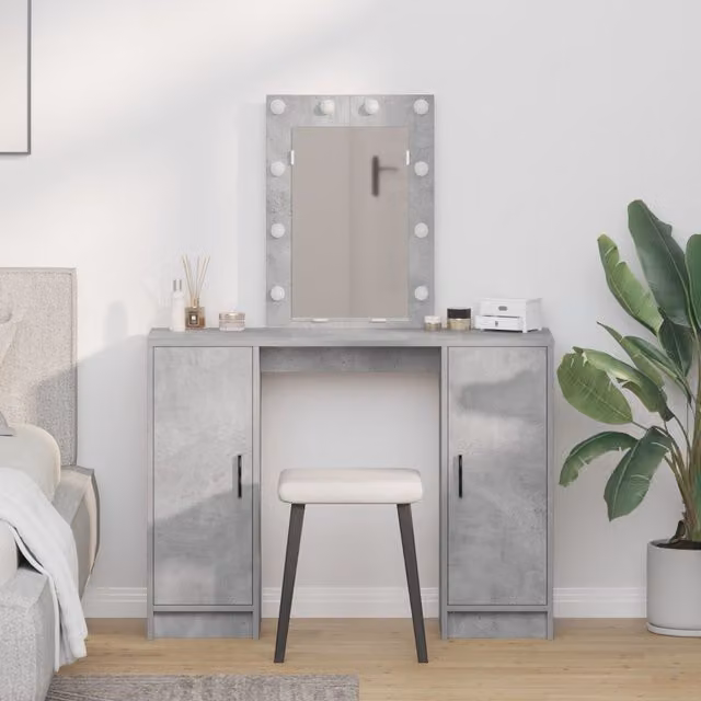 Berkfield Home Modern Concrete Grey Dressing Table with Hollywood LED Lights, W/D/H: 102 x 33 x 135 cm