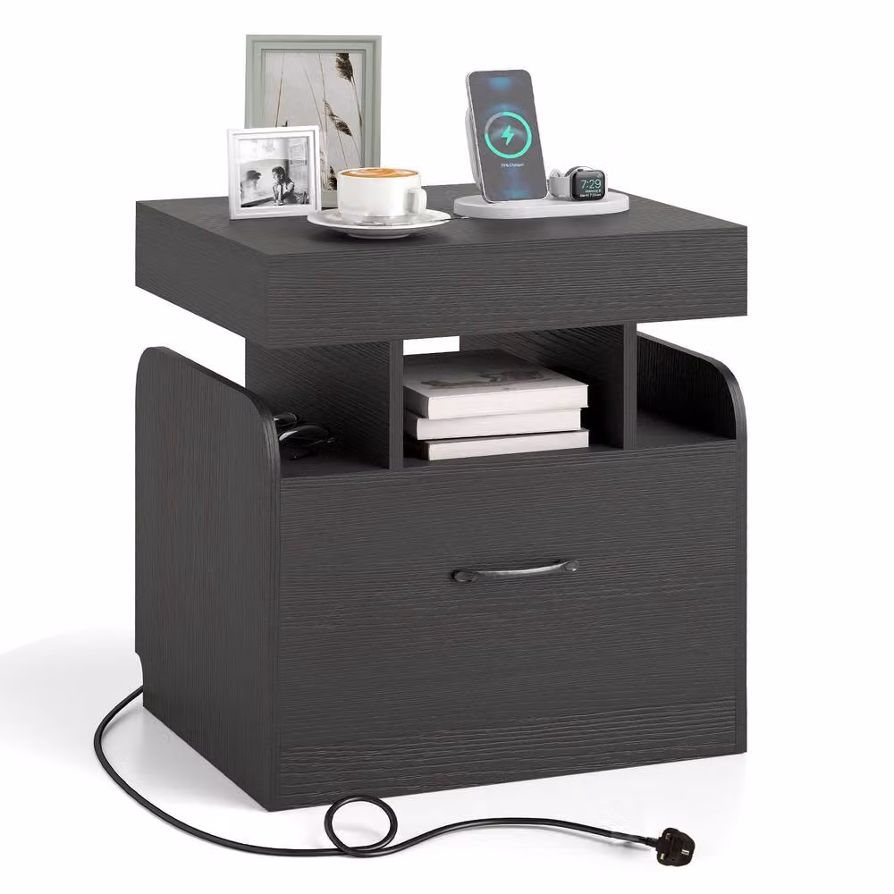 Costway Modern Wooden Nightstand with Drawer and Charging Outlets in Black – 3