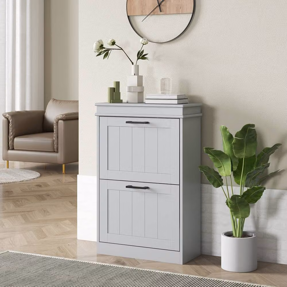 ERGOVEXA Grey Slim Shoe Cabinet with 2 Tilting Drawers and Internal Shelves – 3