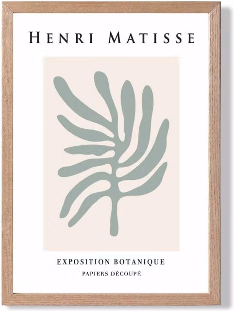 ARTZE Matisse Leaf Botanical Framed Print in Sage Green and Beige with Oak Frame, A3