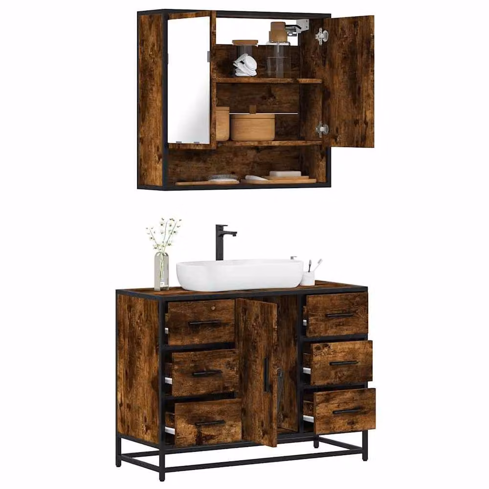 Berkfield Home 2 Piece Industrial Bathroom Furniture Set in Brown Smoked Oak with Mirror Cabinet and Vanity Unit – 2