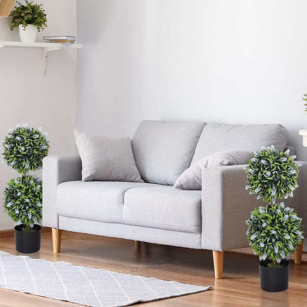STILVORA Set of 2 Green Artificial Tabletop Trees in Plastic and Concrete Pots – 6