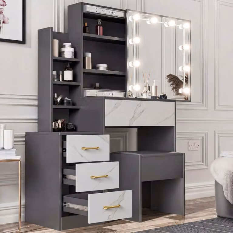 DHS Hollywood LED Mirror Dressing Table with Storage Drawers in Grey and Marble White