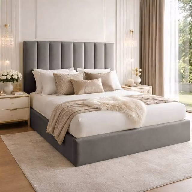Desire Deco Suenna Upholstered Panel Bed Frame in Grey Plush Velvet, W/D/H: 120 x 200 cm