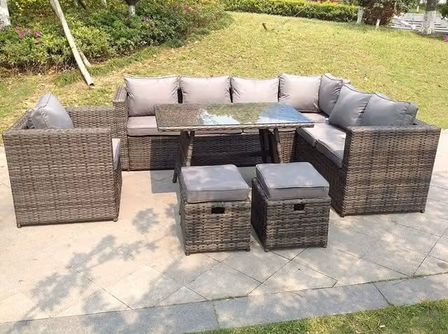 Fimous 9 Seater Grey Rattan Corner Sofa Set with Dining Table and Armchairs in Dark Grey