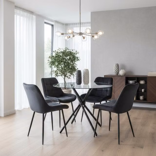 Madefor.living New York Round Glass Dining Table and Erica Velvet Chairs Set in Black