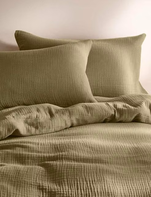 M&S Pure Cotton Breathable Muslin Bedding Set, Green, W: 180 cm x L: 200 cm