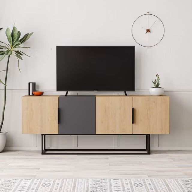 Decortie Tontini Modern 4-Door TV Unit in Anthracite Grey and Black, W/D/H: 150 x 42 x 80 cm