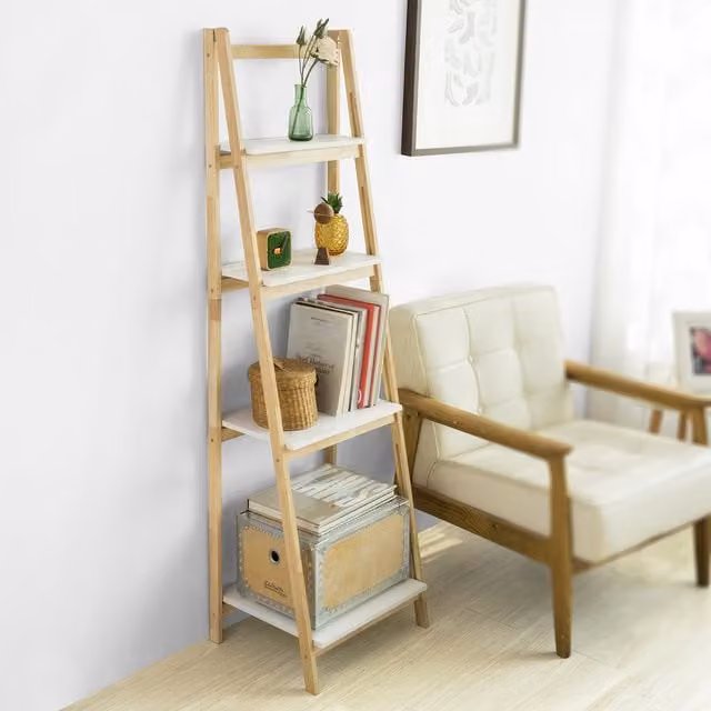 SoBuy 4-Tier Foldable Ladder Shelf in Brown Rubberwood