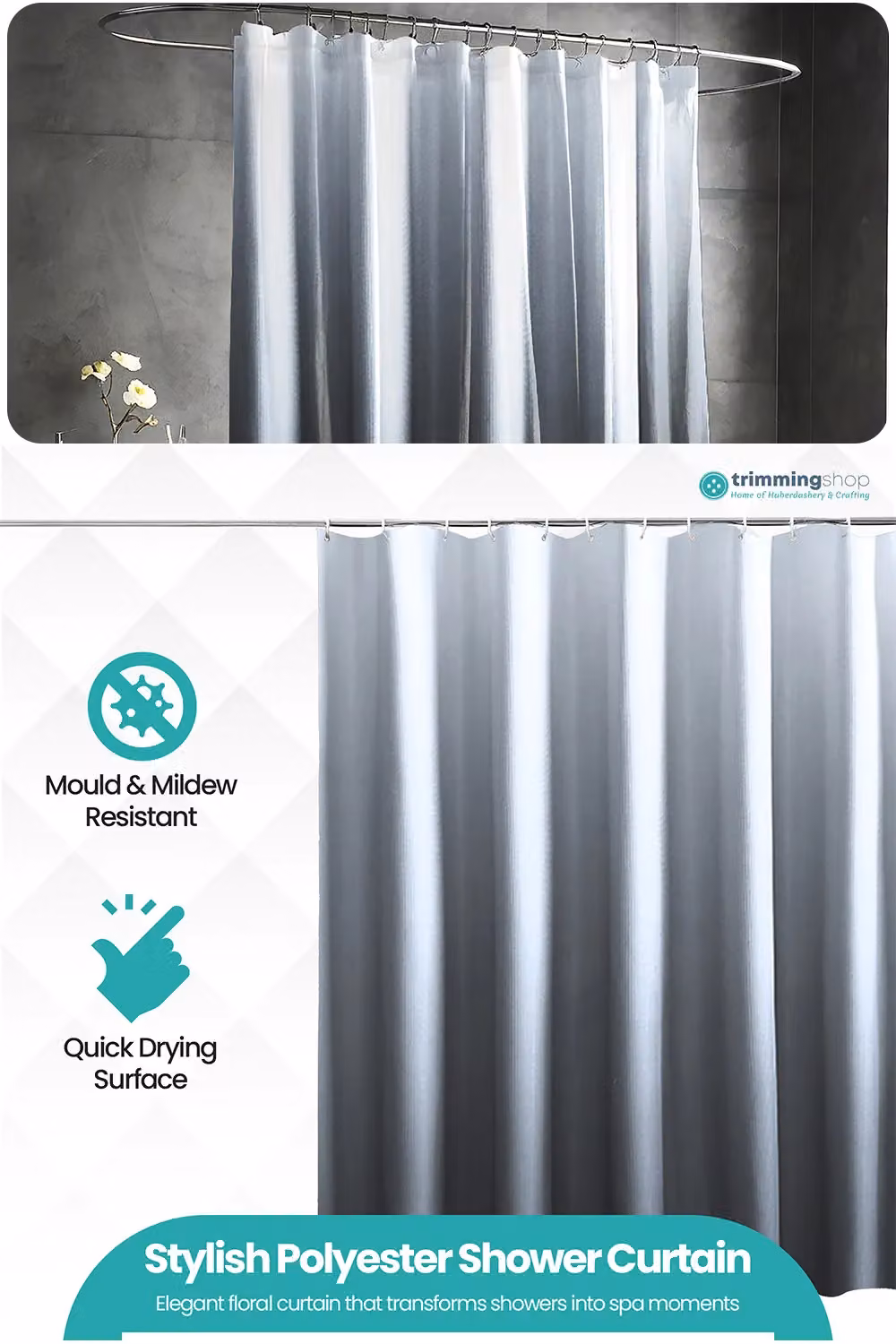 Neel Blue Gradient Colour Bathroom Shower Curtain in Blue and Grey with 12 Hooks, Mould Resistant, W: 180 cm, H: 200 cm – 3