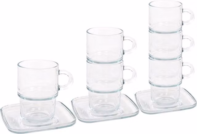 LAV Cozy 12-Piece Stackable Glass Coffee Cups and Saucers Set, 350ml, Clear