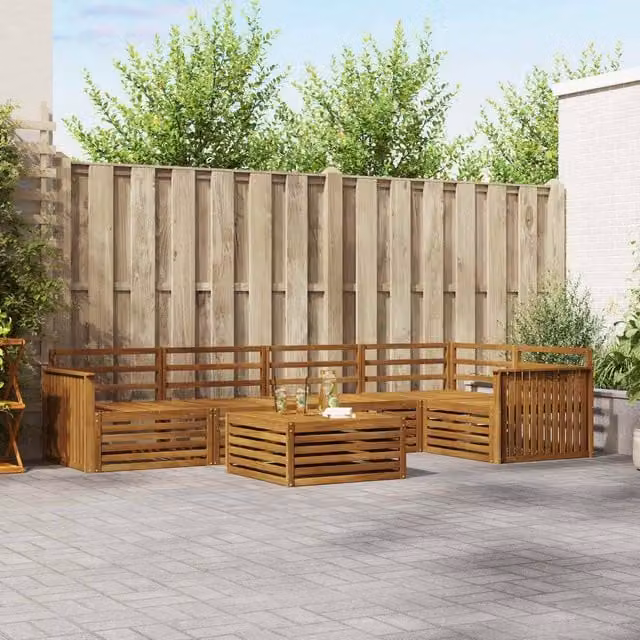 Berkfield Home 6 Piece Modern Outdoor Sofa Set in Brown with Acacia Wood Frame and Matching Ottoman