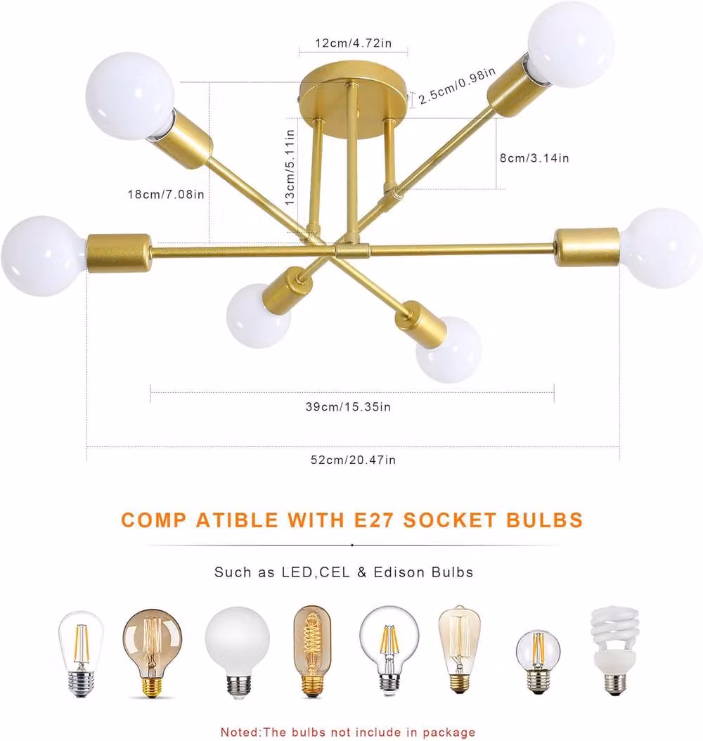Goeco Sputnik 6-Arm Adjustable Ceiling Chandelier in Gold/Brass, Diameter: 52 cm – 3