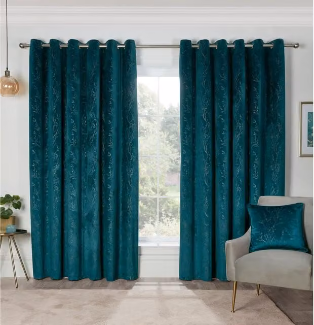 Avery Petrol Velvet Eyelet Curtains with Floral Design, W: 168 cm, H: 229 cm