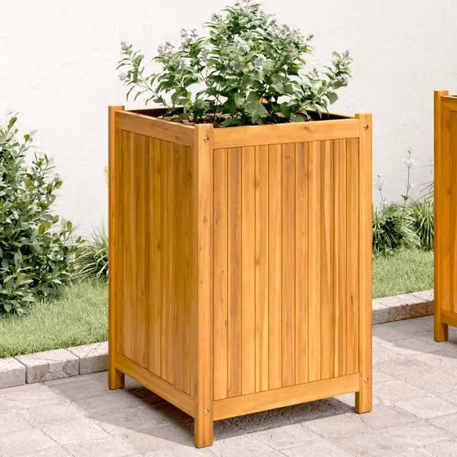 Berkfield Home Acacia Wood Garden Planter with Liner, Brown, W/D/H: 50 x 50 x 75 cm