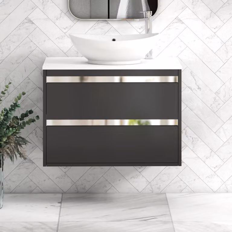 Royal Bathrooms Orion 800mm Matt Obsidian Black Wall Hung 2 Drawer Vanity Unit with Plain White Amaze Basin and Chrome Accent Trim