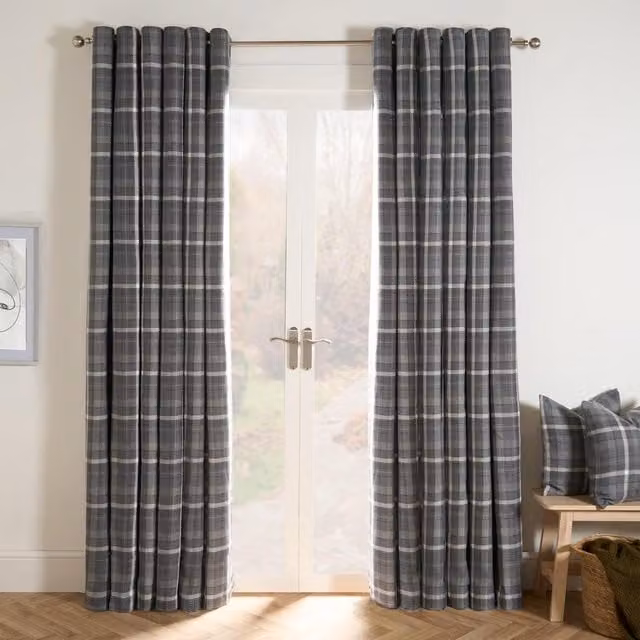 OHS Pair of Winsford Woven Check Thermal Blackout Eyelet Curtains in Charcoal Grey, Width: 228 cm
