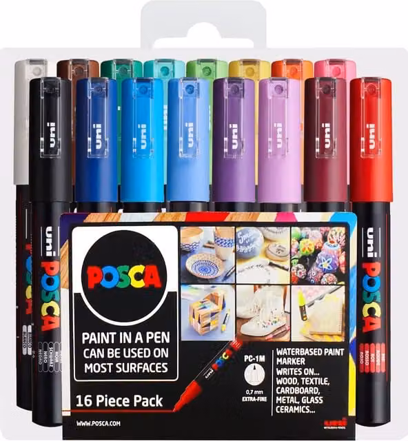 POSCA PC-1M Paint Marker Art Pen Set, 16 Multicolour Bullet Tip Pens, 0.7mm