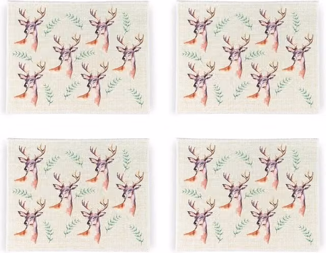 Purely Home Stags Countryside Linen Placemats, Set of 4, White and Multicolour Floral Rectangular Design