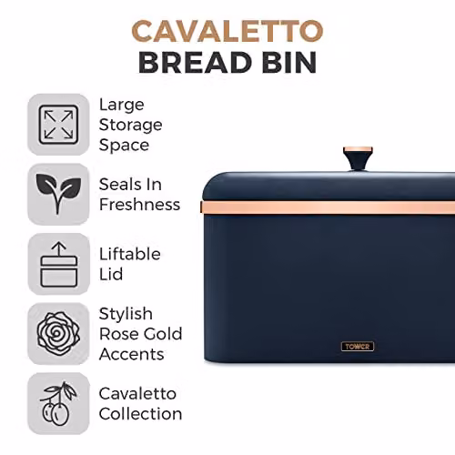 Tower Cavaletto Bread Bin in Midnight Blue and Rose Gold, Stainless Steel Body, W/D/H: 35.0 x 24.0 x 23.0 cm – 2