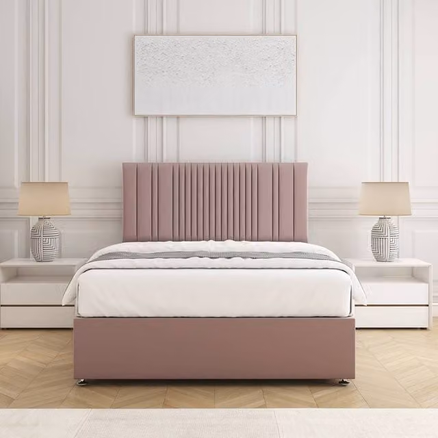 BSSPOKE Florence Super King Divan Bed with 24 inch Headboard and Mattress in Pink Plush Velvet