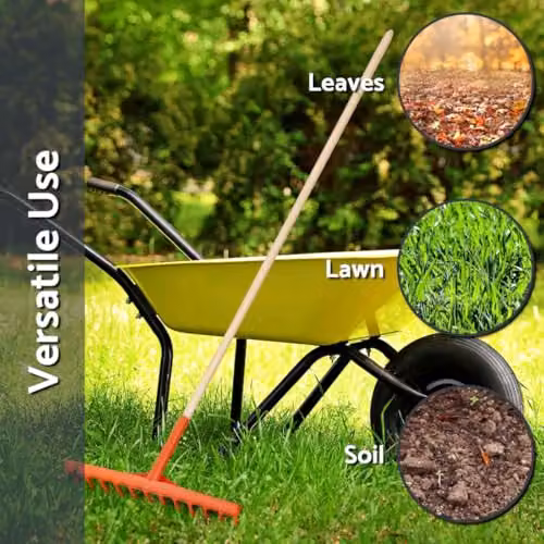 SolaDirect Heavy-Duty Garden Rake with 12 Tines, 50 cm Wide Plastic Head and Wooden Handle in Orange – 3