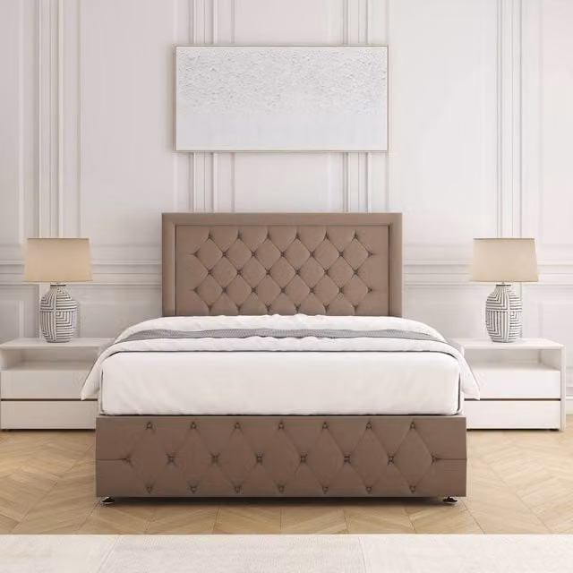 BSSPOKE Lena Double Divan Bed with 24 inch Headboard and Mattress in Taupe Plush Velvet