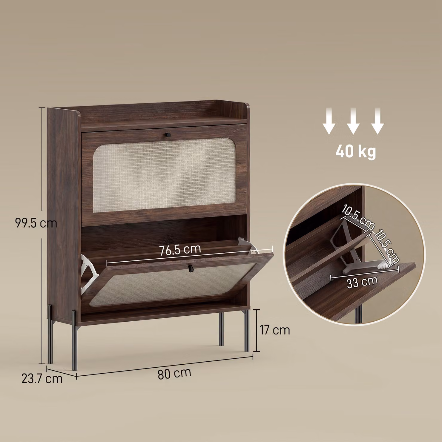 HOMCOM Boho Narrow Shoe Storage Cabinet with 2 Rattan Flip Drawers, Brown – 3
