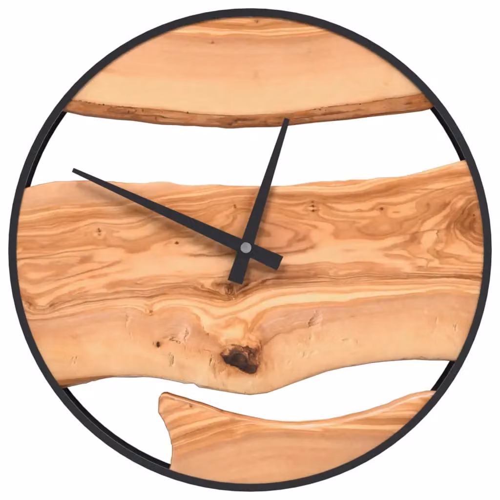 Berkfield Home Round Silent Quartz Wall Clock in Brown with Iron and Olive Wood, Diameter: 35 cm – 2