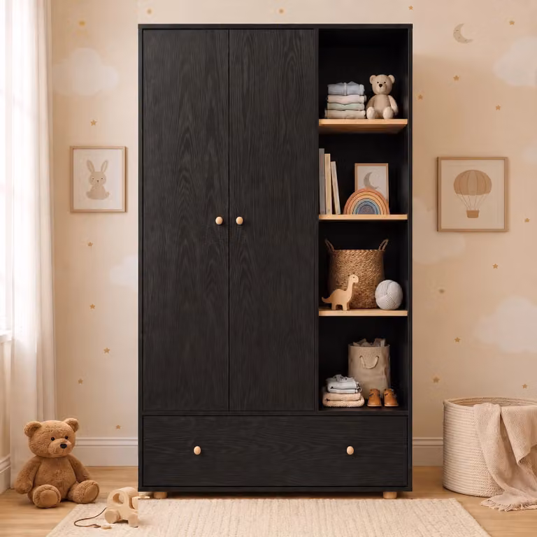 DHS Kids Triple Wardrobe with Drawer and Open Shelves in Matt Black