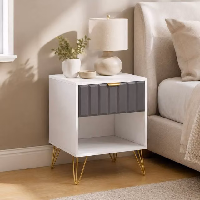 STILVORA Modern White Lacquered Bedside Table with Drawer and Open Compartment – 1