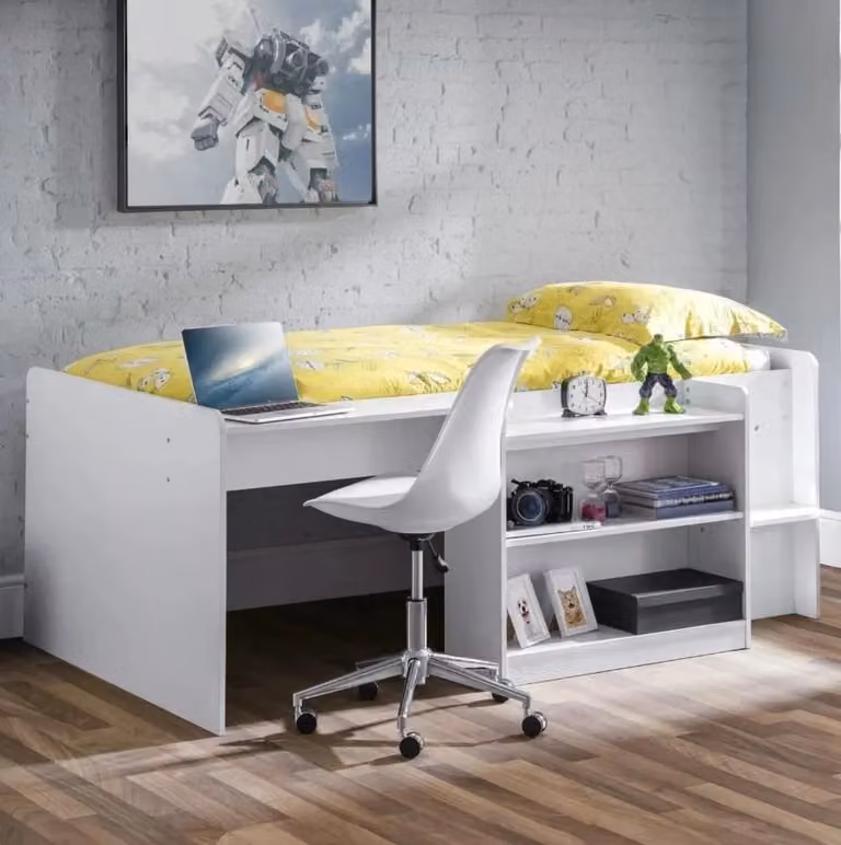 Julian Bowen Neptune Midsleeper Bed in White with Desk and Underbed Storage for Children's Bedrooms, 90 x 190 cm