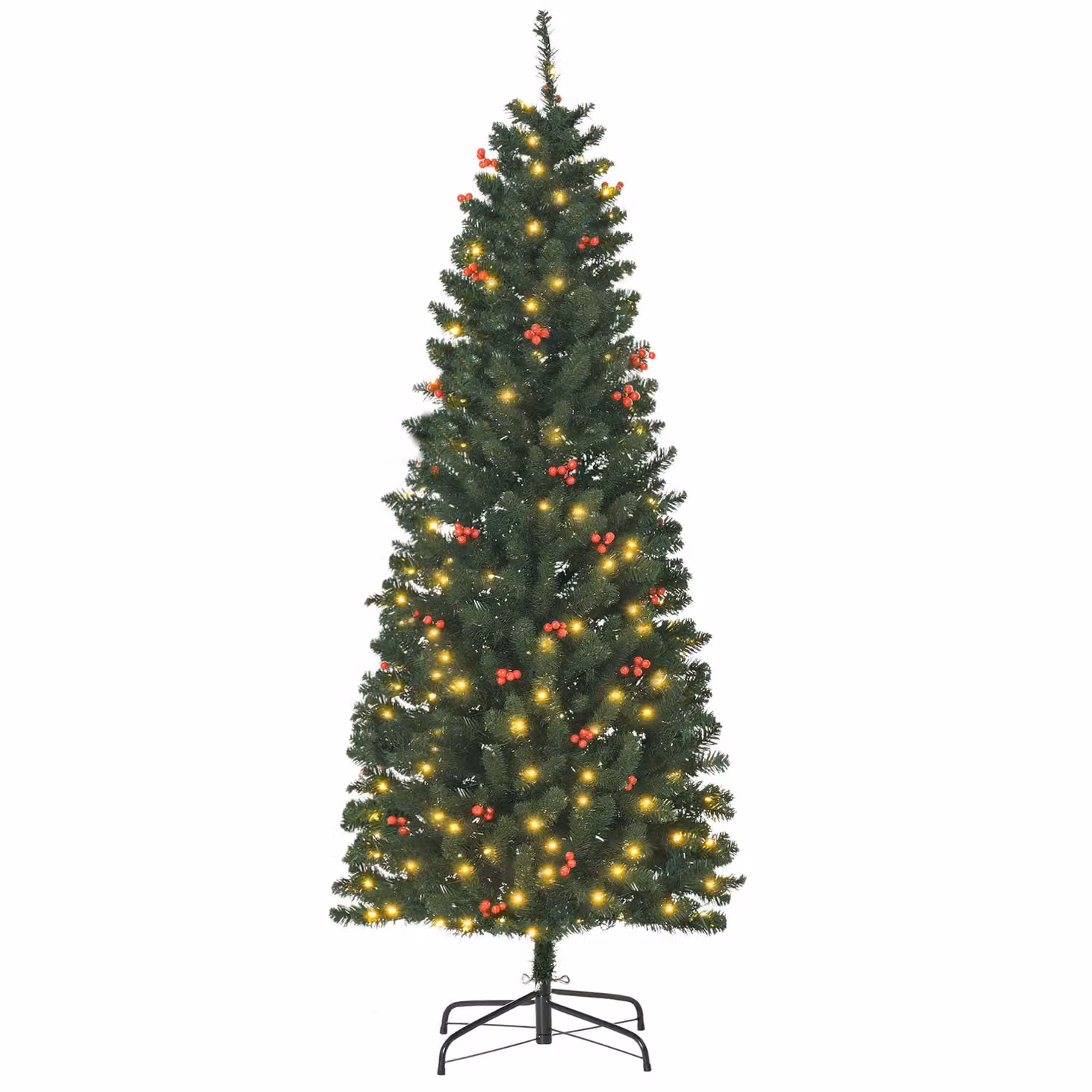 HOMCOM 6ft Artificial Pencil Christmas Tree with LED Lights and Berry Decor in Green and Red – 2