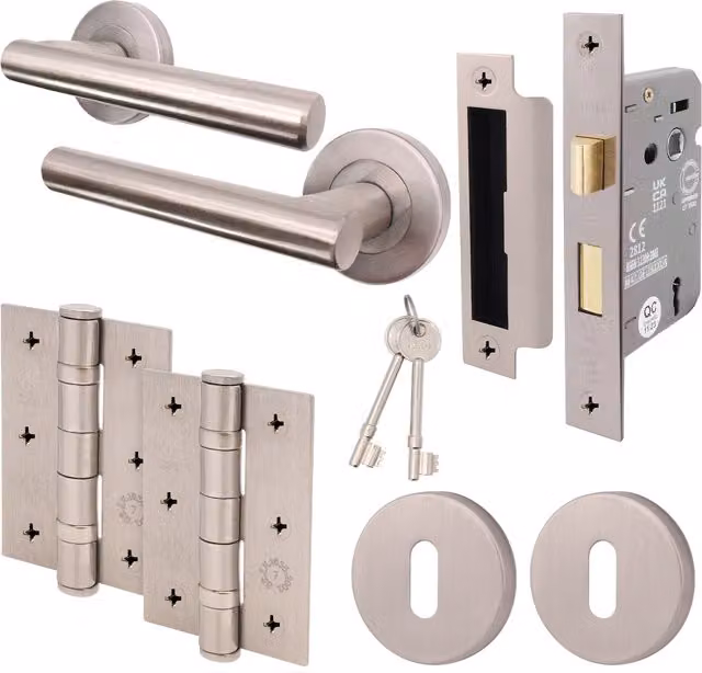 Olvera Lever Door Handle Sash Lock Set in Silver Satin Nickel
