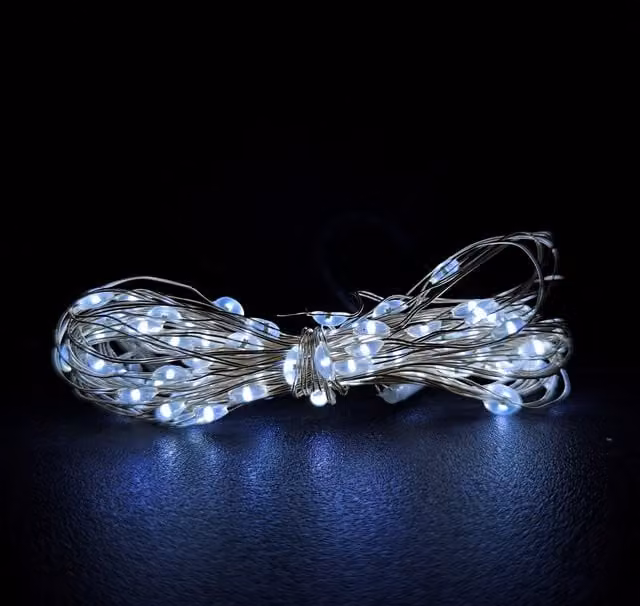 Premier Decorations MicroBrights 50 LED Christmas Lights, 2.5m Multi-Function Battery Operated Cool White Indoor Outdoor String Lights with Timer