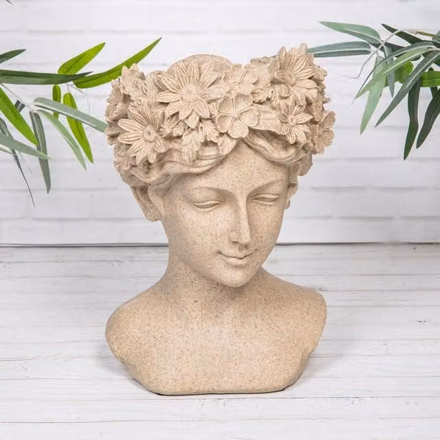 Annibells Flower Lady Head Stone Effect Plant Pot in Brown