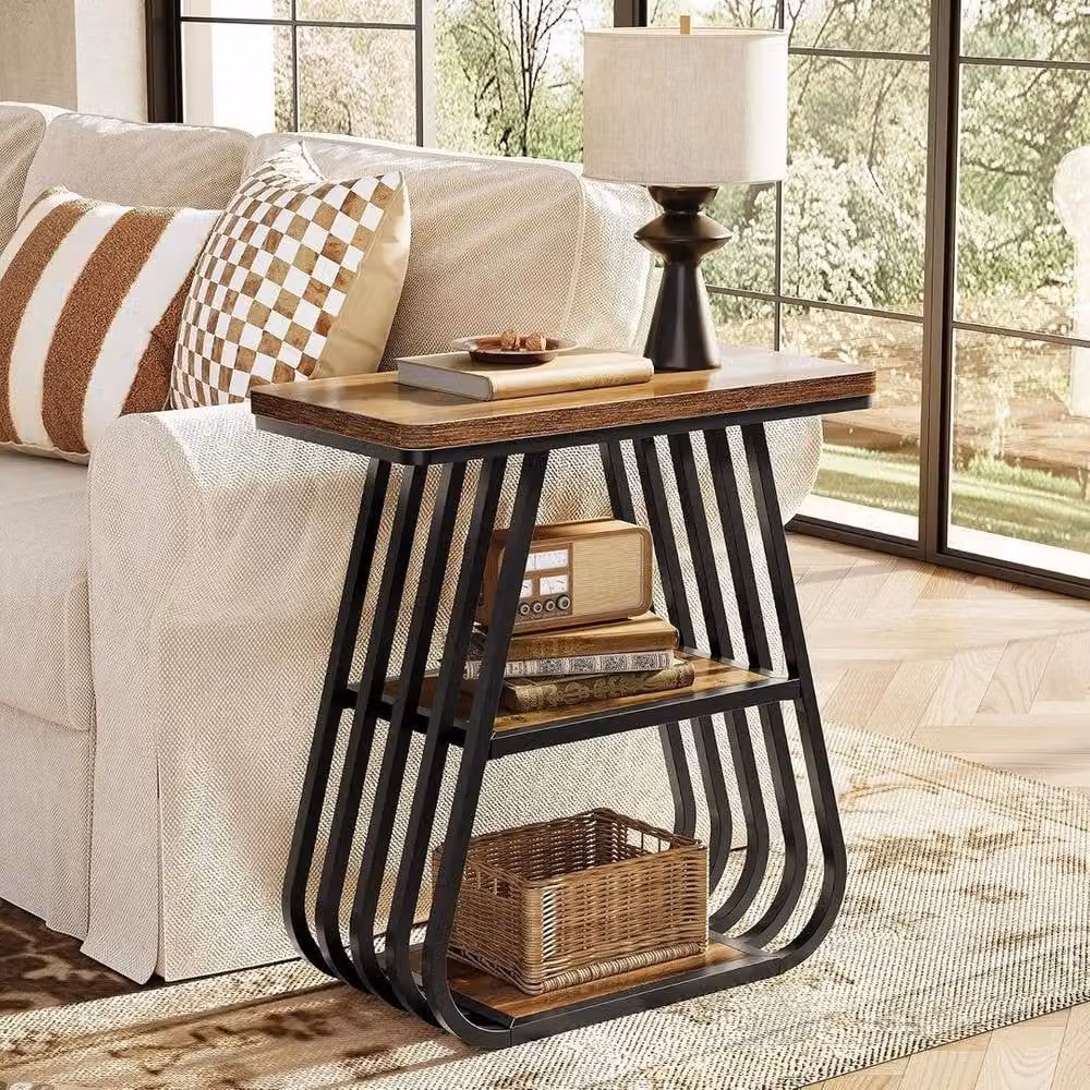 KORVIXA Industrial 3-Tier Narrow Side Table in Brown – 3
