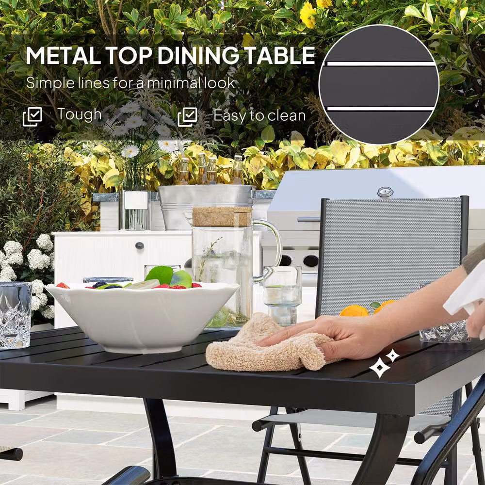 STILVORA Modern Grey Outdoor Dining Set with Square Powder Coated Steel Table and Folding Chairs – 4