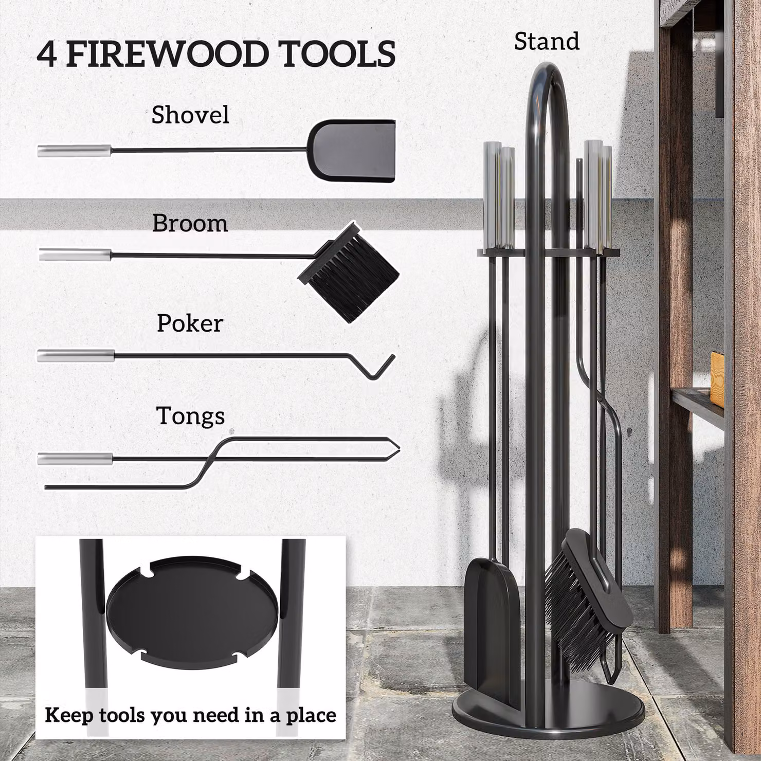 Outsunny 5 Piece Black Metal Fireplace Companion Set with Broom, Shovel, Poker, Tongs and Stand – 4