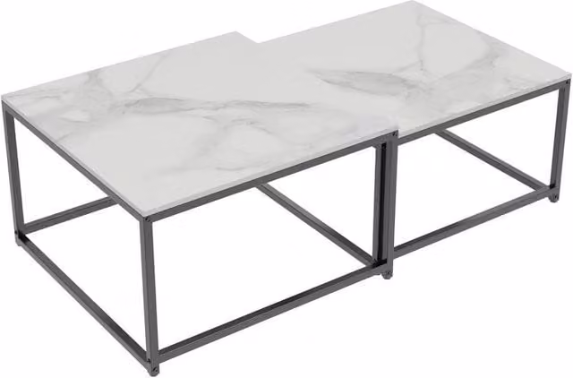 FORGEVIO Set of 2 White Square Nesting Coffee Tables with Marble Effect Composite Tops – 1