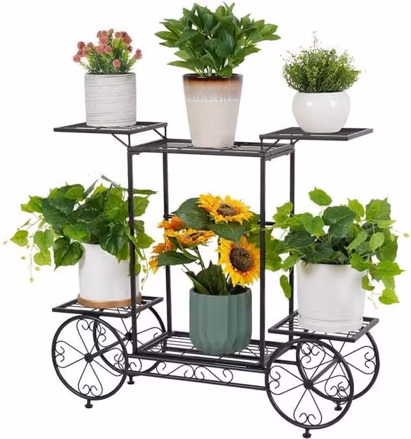 Kelvenix Large Parisian Style Metal Garden Cart Plant Stand in Matt Black