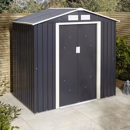 Rowlinson Trentvale 6x4 Metal Apex Shed in Dark Grey with Foundation Kit and Double Doors