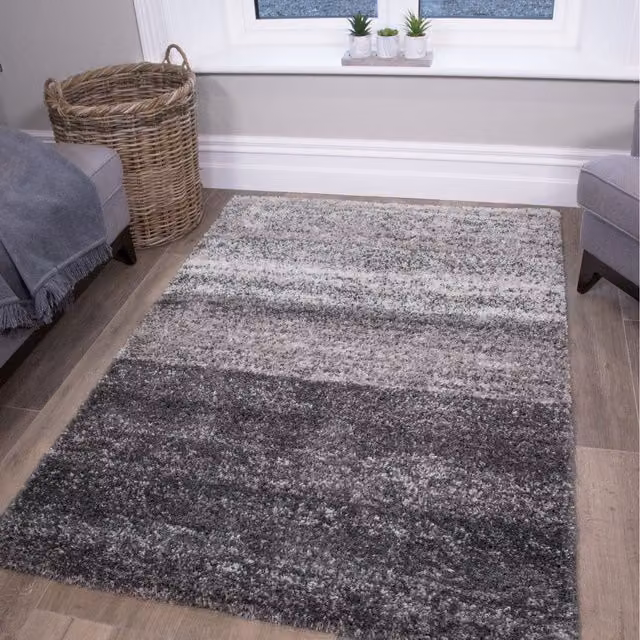 The Rug House Super Soft Mottled Striped Shaggy Area Rug in Black and Grey, W: 160 cm, L: 230 cm