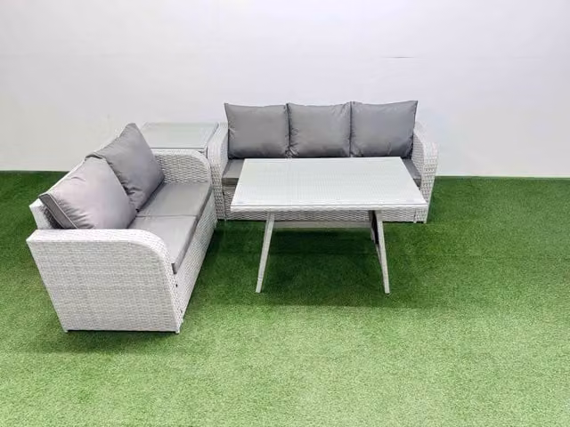 Fimous Modern Rectangular Dining Table and Sofa Set with Side Table in Light Grey Rattan, Metal and Glass
