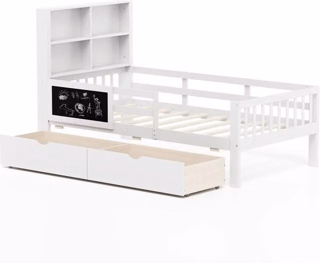 KORVIXA Single Size Solid Wood Bed Frame with 2 Storage Drawers in White, 90 x 190 cm