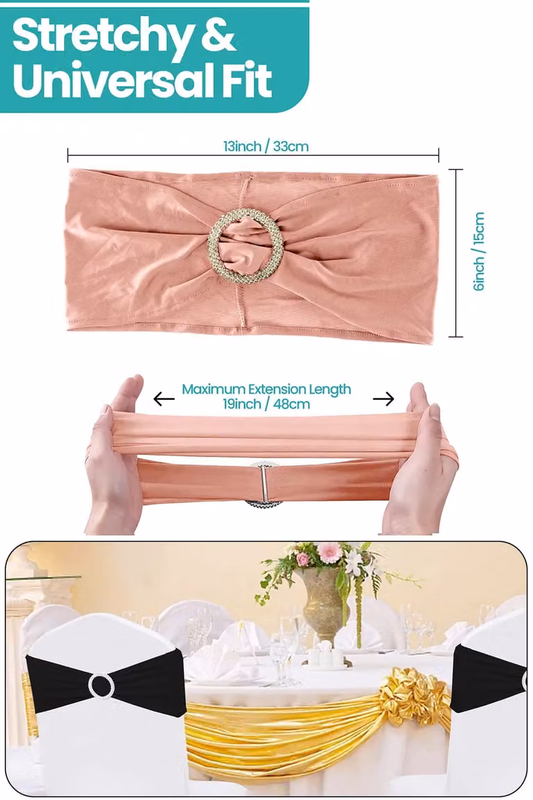 Neel Blue Spandex Chair Bands with Slider Buckle, 10-Piece Rose Gold Stretchy Elastic Chair Sash Set