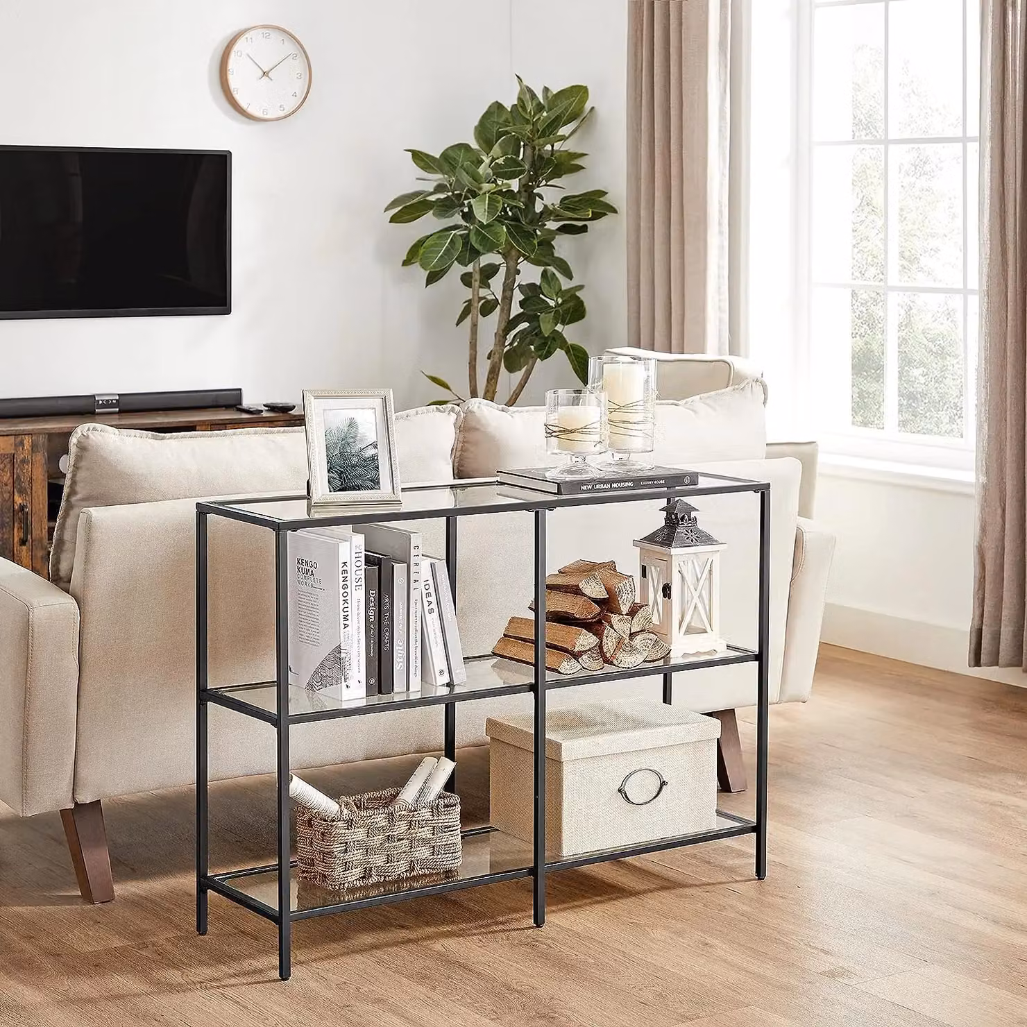 VASAGLE Modern Rectangular Console Coffee Table with 3 Transparent Glass Shelves and Black Steel Frame – 4