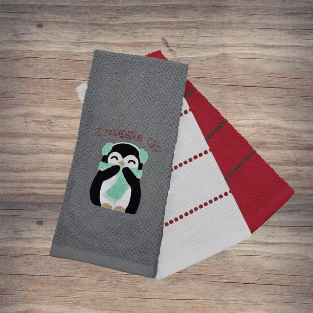 Noel Square Pack of 3 Highly Absorbent Cotton Tea Towels in Grey and Multicolour with Penguin Graphic Design