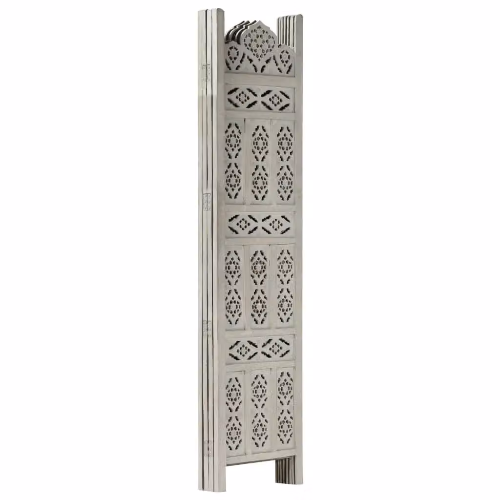 Berkfield Home Hand Carved 4-Panel Geometric Room Divider in Grey Solid Mango Wood W/H: 160 x 165 cm – 2